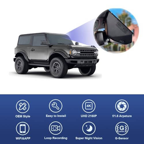 Fitcamx 4K Dash Cam, Ford Bronco 2021-2024 (Gen6) Modellariga Mos, 2 Eshik 4 Eshik Base, Big Bend, Black Diamond & Raptor, OEM Ko'rinish, UHD 2160P Video, WiFi & Ilova, Tsiklik Yozuv, G-Sensor, Ulab qo'y va Ishga tushir, 64GB Karta - 3