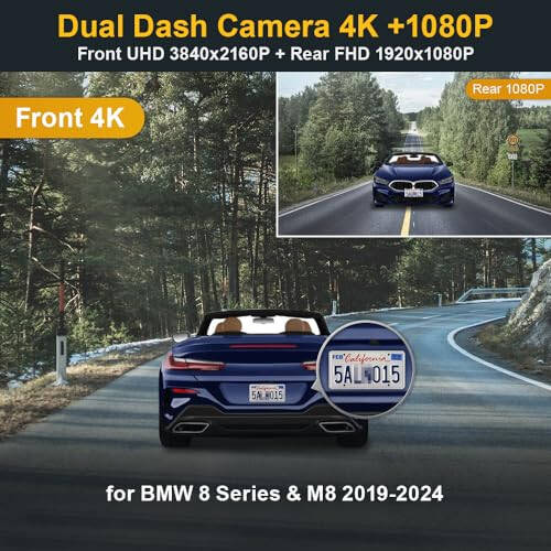 Fitcamx 4K Ikkita Dash Cam BMW 8 Series M8 2019 2020 2021 2022 2023 2024 840i M850i xDrive (HD2-6308) uchun mos keladi, OEM ko'rinishi, 2 kanal HD video, Loop yozuvi, WiFi&APP, G-sensor, O'rnatish oson, 128GB - 3