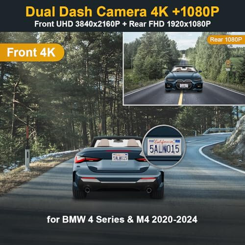 Fitcamx Front 4K+Rear 1080P Dash Cam Suitable for BMW 4 Series M4 2020-2024 430i 440i M440i Xdrive G22 G23 G26 G82 G83 (HD2-6308), OEM Look, Dual Loop Recording, WiFi & APP, G-Sensor, 128GB Card - 3