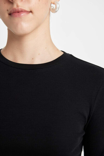 Fitted Crew Neck Fitted Cashmere Long Sleeve T-Shirt Black - 5