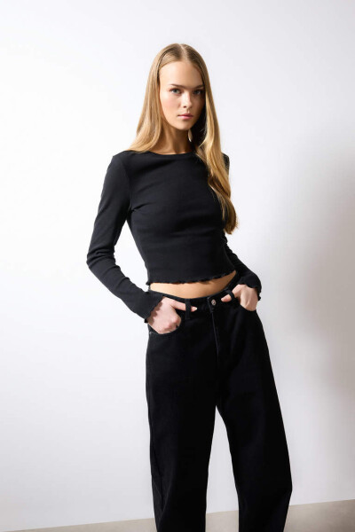 Fitted Crew Neck Fitted Cashmere Long Sleeve T-Shirt Black - 9