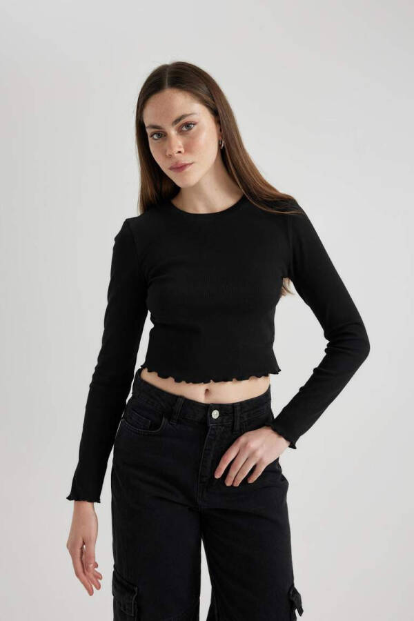 Fitted Crew Neck Fitted Cashmere Long Sleeve T-Shirt Black - 12