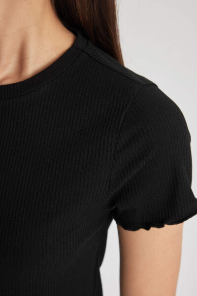 Fitted Crew Neck Fitted Cashmere Short Sleeve T-Shirt Black - 5