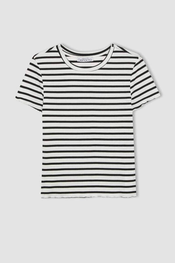 Fitted Crew Neck Striped Ribbed Cashmere Short Sleeve T-Shirt Oq - 7