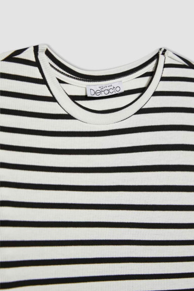 Fitted Crew Neck Striped Ribbed Cashmere Short Sleeve T-Shirt Oq - 8