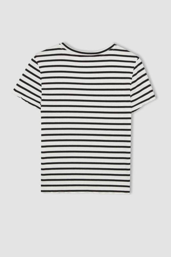 Fitted Crew Neck Striped Ribbed Cashmere Short Sleeve T-Shirt Oq - 9