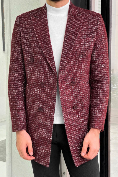 Fitted Patterned Double-Breasted Wool Burgundy Coat - 1