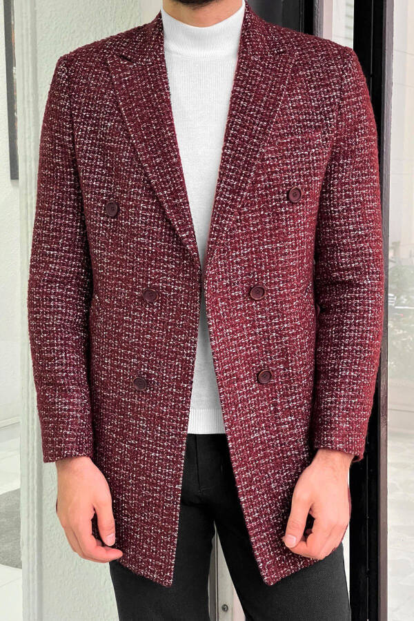 Fitted Patterned Double-Breasted Wool Burgundy Coat - 1