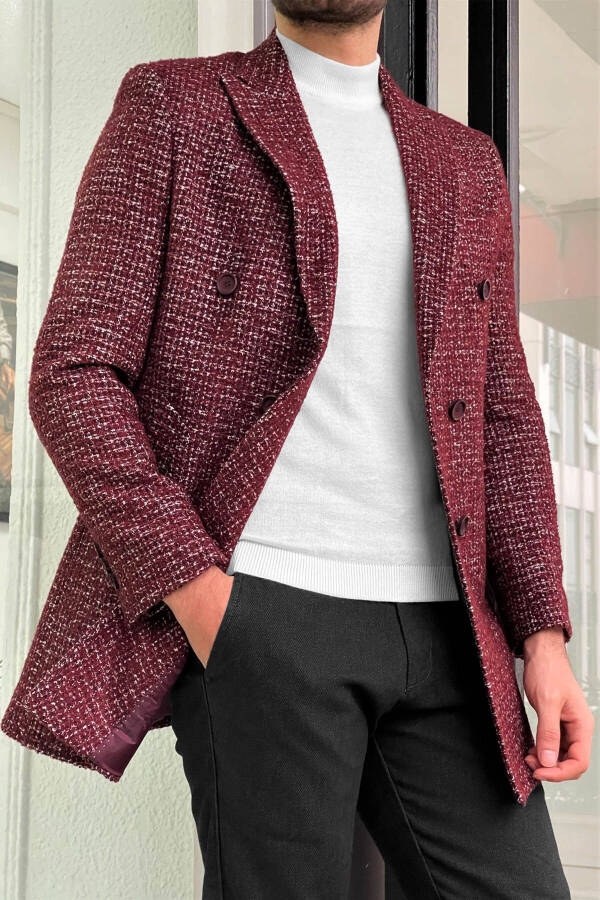 Fitted Patterned Double-Breasted Wool Burgundy Coat - 2