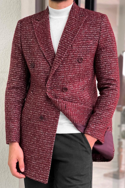 Fitted Patterned Double-Breasted Wool Burgundy Coat - 3