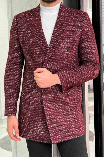 Fitted Patterned Double-Breasted Wool Burgundy Coat - 4