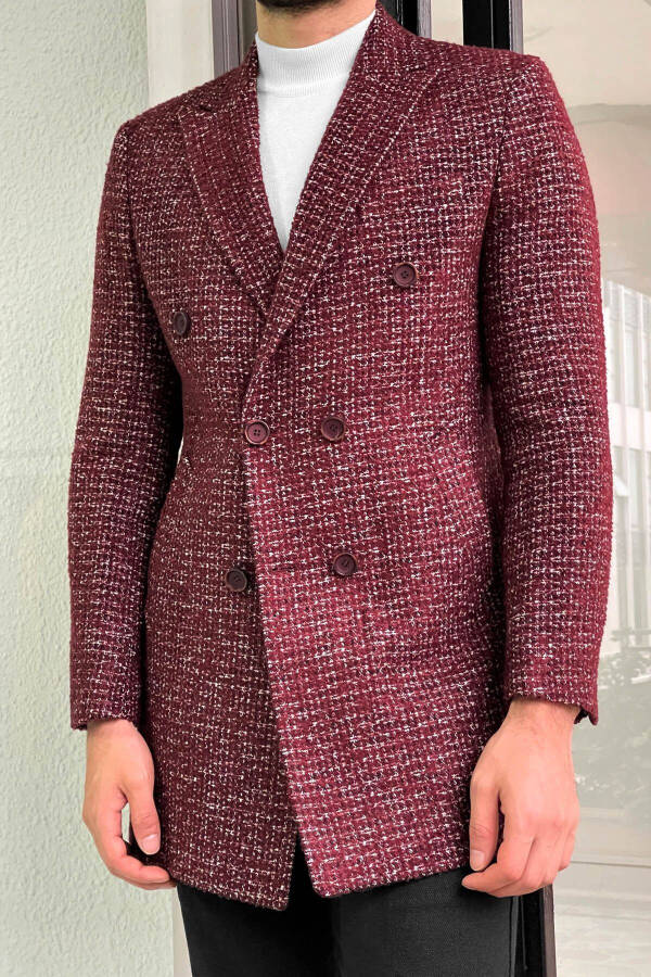 Fitted Patterned Double-Breasted Wool Burgundy Coat - 5