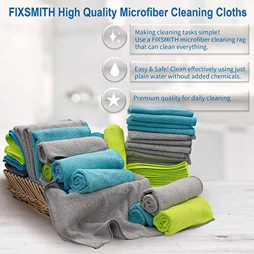 FIXSMITH Microfiber Cleaning Cloth - Pack of 50, Multi-Functional Towels, Size: 12 x 16 in, Highly Absorbent Rags, Lint-Free, Streak-Free Cloths for Car Kitchen Home Office - 2