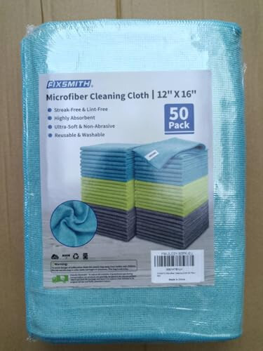 FIXSMITH Microfiber Cleaning Cloth - Pack of 50, Multi-Functional Towels, Size: 12 x 16 in, Highly Absorbent Rags, Lint-Free, Streak-Free Cloths for Car Kitchen Home Office - 5