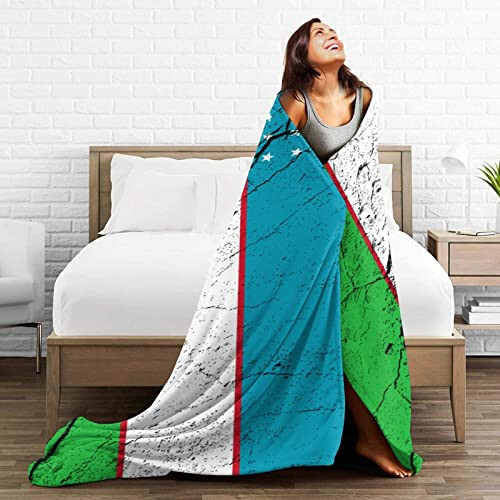 Flag of Uzbekistan Texture Effect Throw Blanket for Couch Bed Sofa Blankets Super Soft Warm Cozy 50