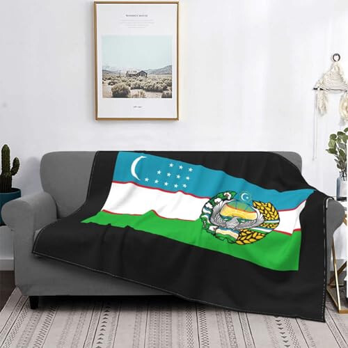 Flag of Uzbekistan with Coat of arms Ultra-Soft Micro Fleece Throw Blanket Lightweight Blanket for Sofa Couch Chair Bedroom 40