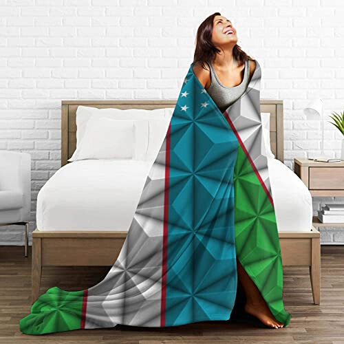 Flag of Uzbekistan with Polygon Effect Throw Blanket for Couch Bed Sofa 50