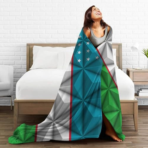 Flag of Uzbekistan with Polygon Effect Throw Blanket for Couch Bed Sofa Soft and Comfortable Blankets 40