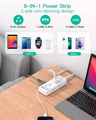 Flat Plug Extension Cord, 5 ft Ultra Thin Flat Power Strip - 6 Outlets 3 USB Ports (2 USB C) 3 Side Outlet Extender, Power Strip with No Surge Protection for Cruise, Travel, Dorm Essentials - 4