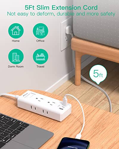 Flat Plug Extension Cord, 5 ft Ultra Thin Flat Power Strip - 6 Outlets 3 USB Ports (2 USB C) 3 Side Outlet Extender, Power Strip with No Surge Protection for Cruise, Travel, Dorm Essentials - 7