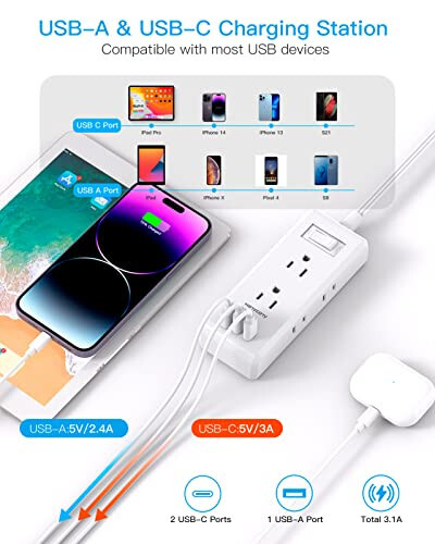 Flat Plug Power Strip, Ultra Thin Extension Cord, 6 Outlets 3 USB Ports(2 USB C), 5ft Multiple Outlet Extender with Wall Mount No Surge Protector for Dorm Room, Cruise, Travel Essentials - 3