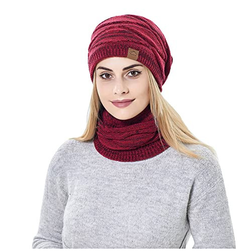 Fleece Lined Beanie Hat & Scarf Set Warm Winter Knit Neck Warmer Skull Cap for Men Women - 2