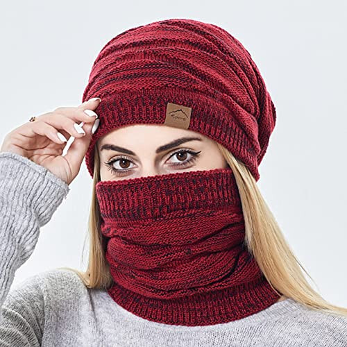 Fleece Lined Beanie Hat & Scarf Set Warm Winter Knit Neck Warmer Skull Cap for Men Women - 5