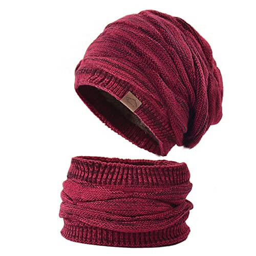 Fleece Lined Beanie Hat & Scarf Set Warm Winter Knit Neck Warmer Skull Cap for Men Women - 6