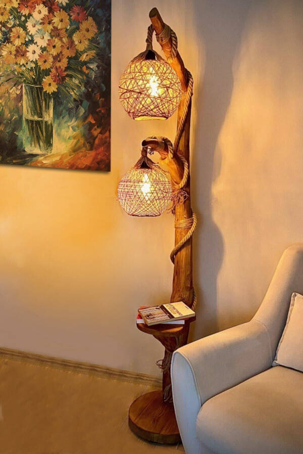 Floor Lamp Natural Wood Poplar Series 140 cm Double Sphere Lighting - 3