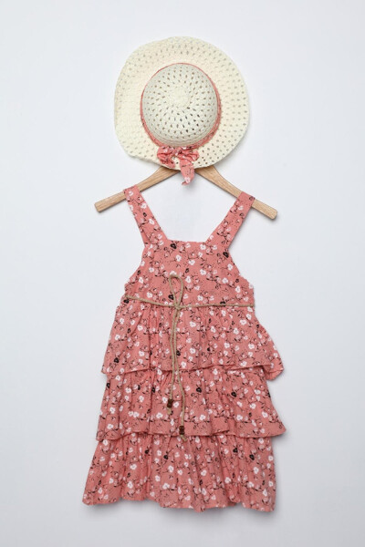 Floral Frilled Girl Dress with Hat Accessory - 1