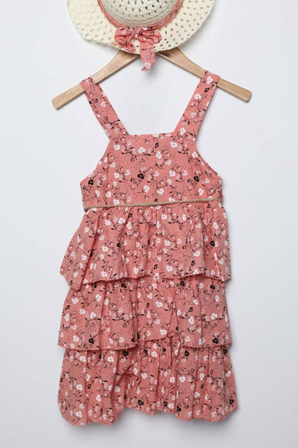 Floral Frilled Girl Dress with Hat Accessory - 3