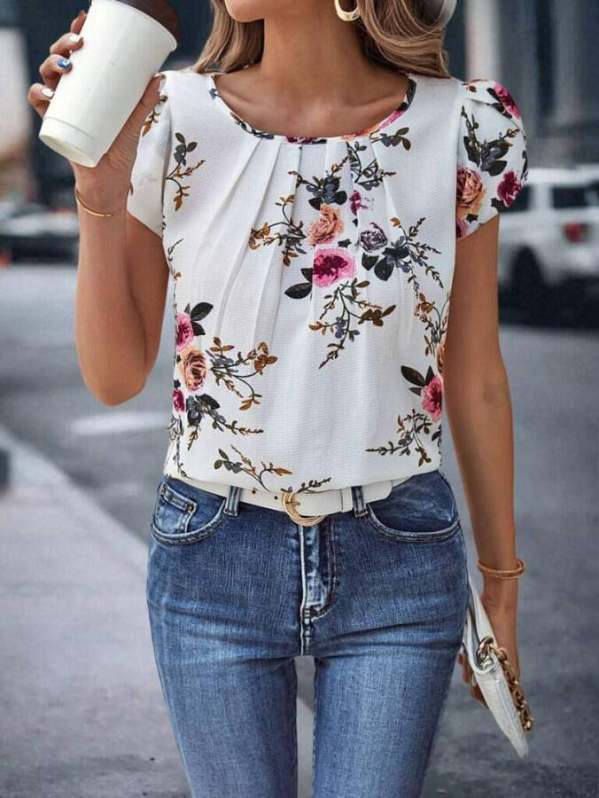 Floral print, bisiklet neck, short sleeve, supreme blouse. - 1