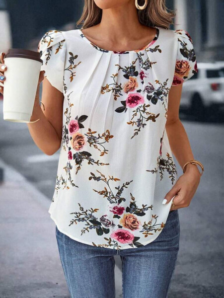 Floral print, bisiklet neck, short sleeve, supreme blouse. - 2