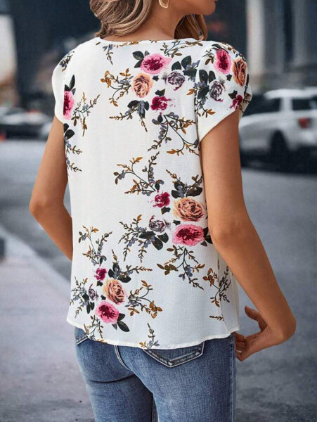 Floral print, bisiklet neck, short sleeve, supreme blouse. - 4