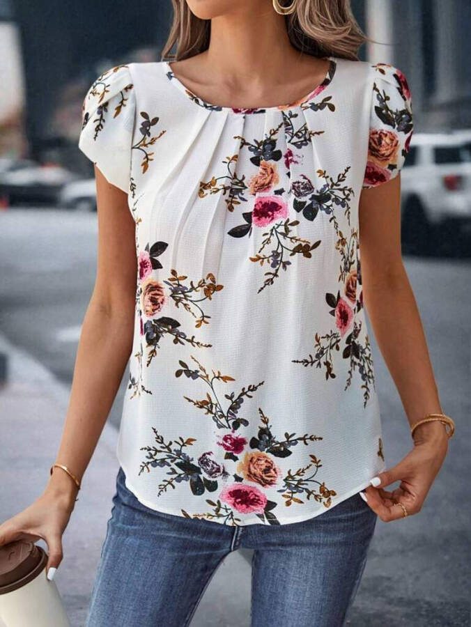 Floral print, bisiklet neck, short sleeve, supreme blouse. - 5