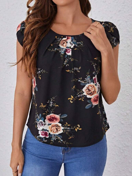 Floral print, crew neck, short sleeve, supreme blouse. - 1