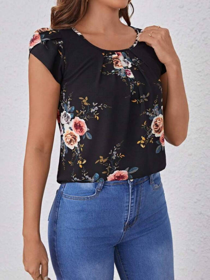 Floral print, crew neck, short sleeve, supreme blouse. - 2