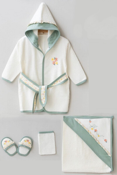 Flower Embroidered Gaye Baby Towel Bathrobe Set Organic Antibacterial - Baby Birth Gift - 1