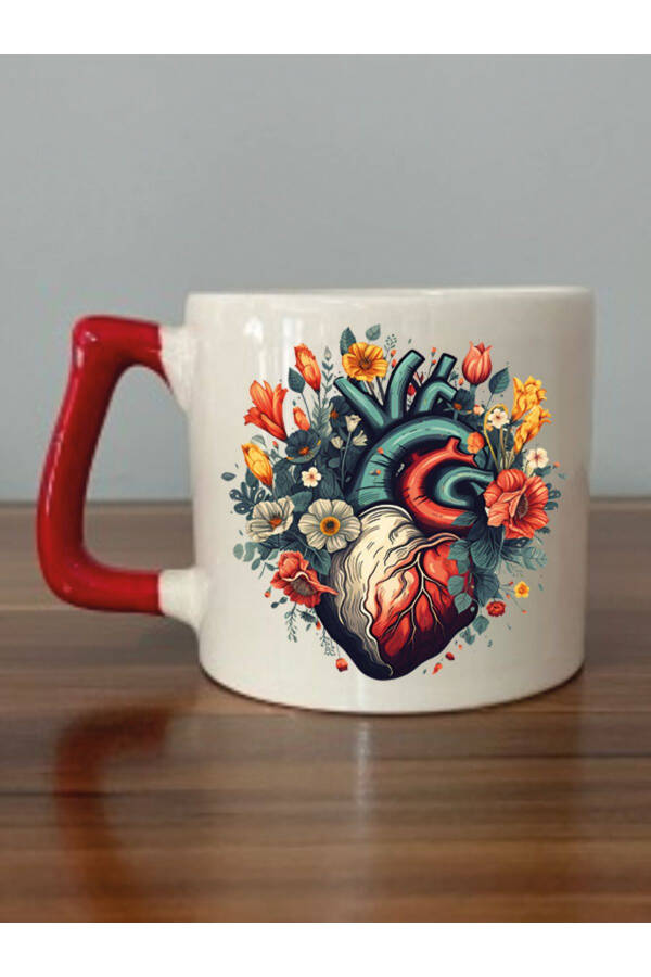 Flower Heart Red Handle Mug Gift Items - Ceramic Tea, Coffee Gift Mug - 1