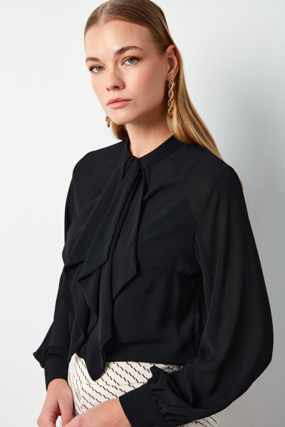 Flowy Blouse with Scarf Detail - Black - 2