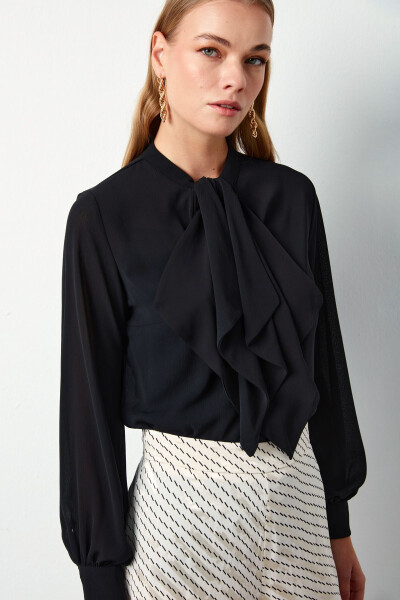 Flowy Blouse with Scarf Detail - Black - 4