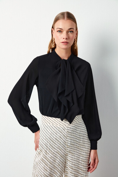 Flowy Blouse with Scarf Detail - Black - 5