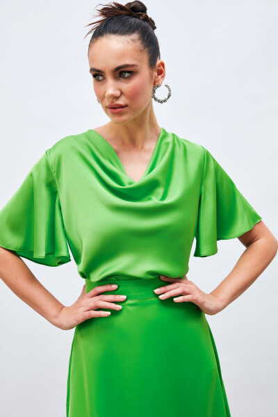 Flowy Satin Blouse with Decollete Neckline - LIGHT GREEN - 1