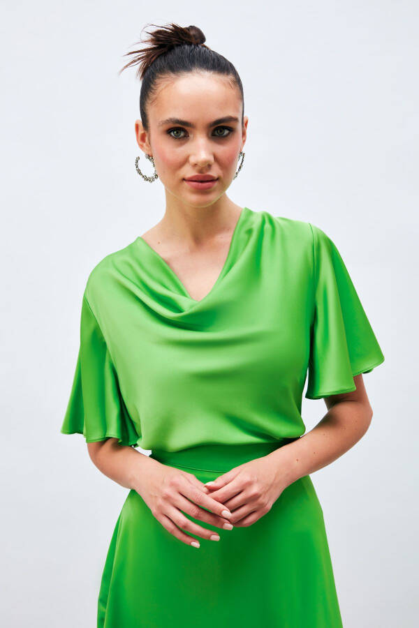 Flowy Satin Blouse with Decollete Neckline - LIGHT GREEN - 2