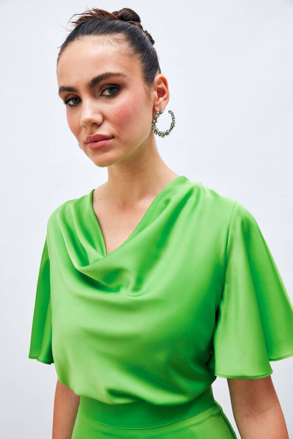 Flowy Satin Blouse with Decollete Neckline - LIGHT GREEN - 3