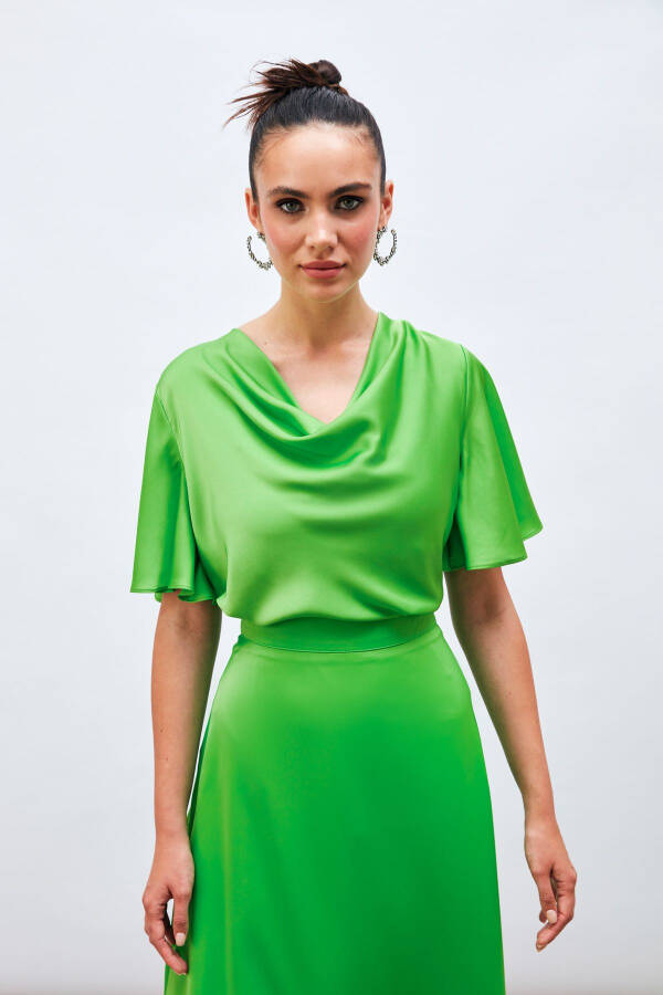 Flowy Satin Blouse with Decollete Neckline - LIGHT GREEN - 4