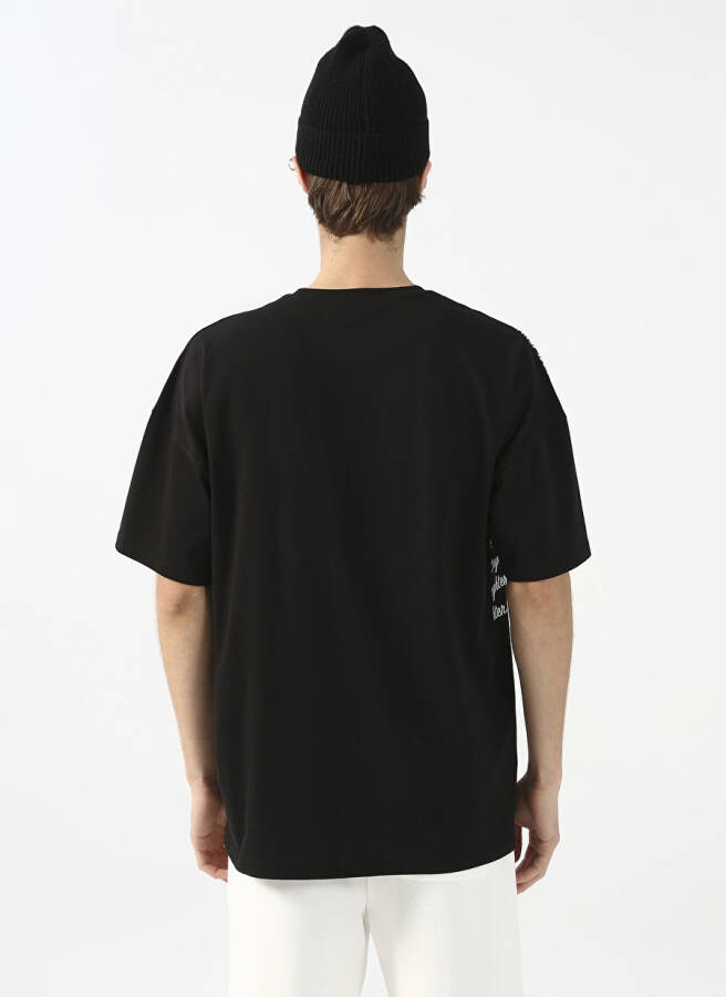 Fluffly Bisiklet Yaka Oversize Siyah Erkek T-Shirt - 5