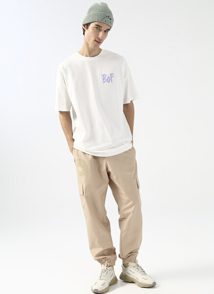 Fluffy Bisiklet Yaka Oversize Ekru Erkek T-Shirt - 3