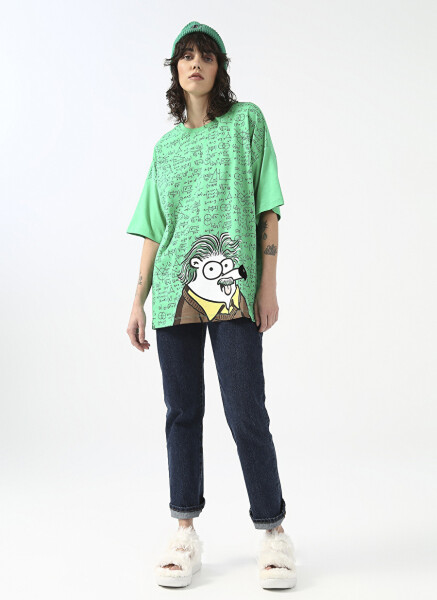 Fluffy Bisiklet Yaka Oversize Yeşil Kadın T-Shirt FFY-20 - 1