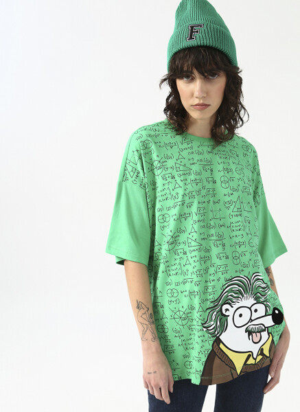 Fluffy Bisiklet Yaka Oversize Yeşil Kadın T-Shirt FFY-20 - 3